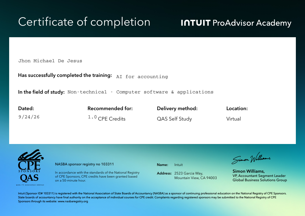 AI for Accounting CPE certificate