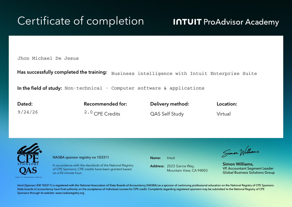 Business Intelligence with Intuit Enterprise Suite CPE certificate