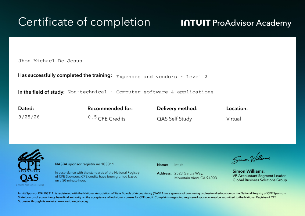 Expenses and Vendors — Level 2 CPE certificate